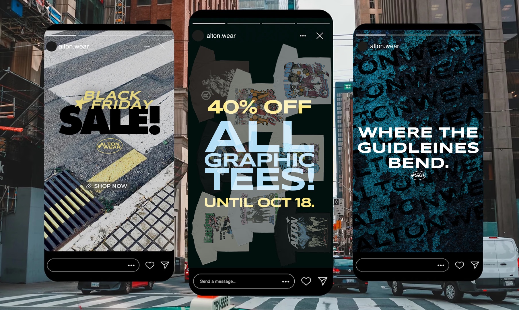 AltonWear Instagram story campaigns on a city street