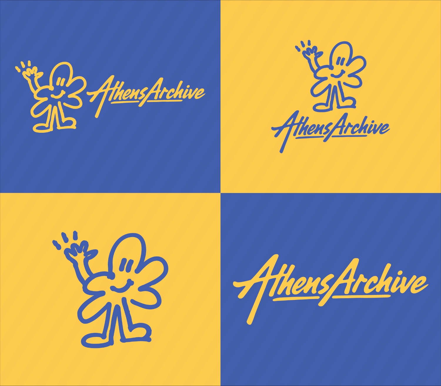 Athens Archive logo system — mascot and script wordmark in blue and gold