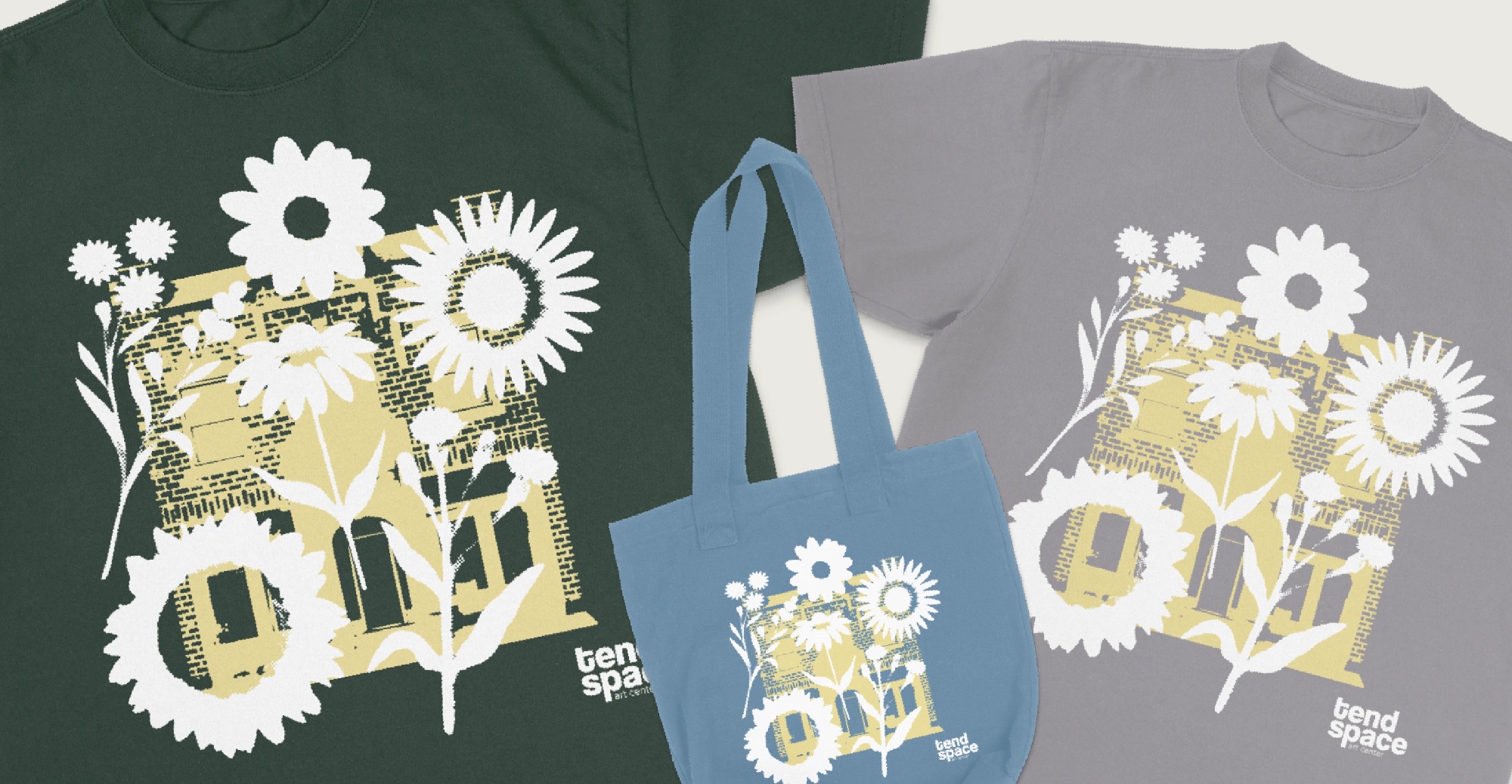 Tend Space screenprinted apparel — building and botanical series